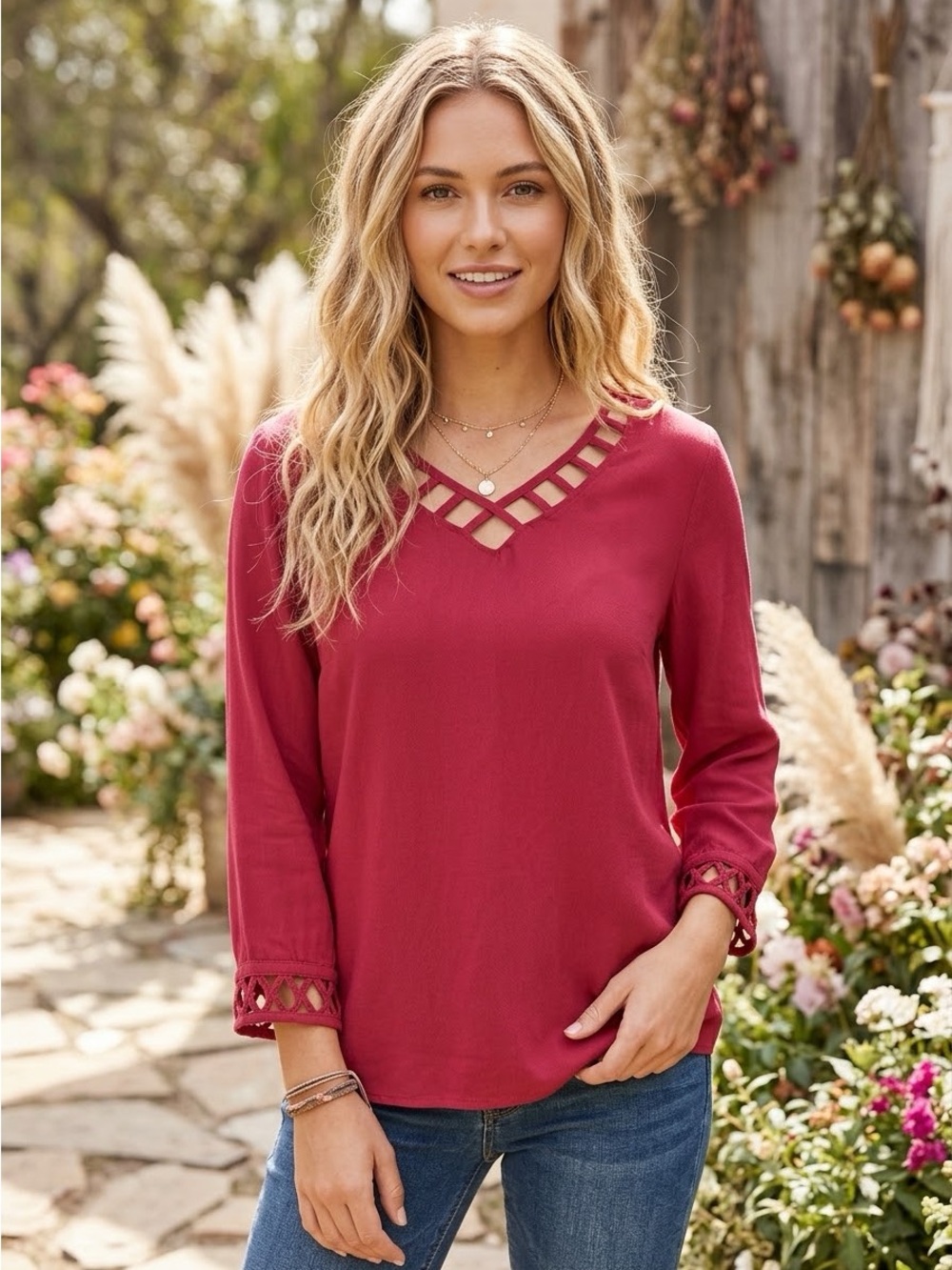 41 HAWTHORN Raspberry Red Lattice V Neck 3/4 Sleeve Rayon Blouse